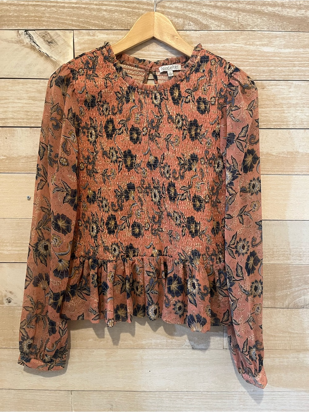 Patrons of Peace Rust Floral Smocked Peplum Blouse